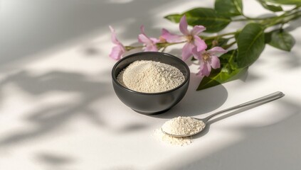 Organic powder in black bowl, spoon, and pink floral branch