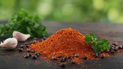 Spices pile with garlic, peppercorns, and fresh herbs on wood