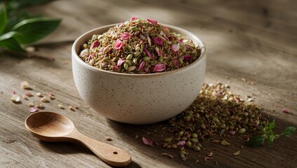 Bowl of healthy seed mix, rose petals, and herbs on wood table.