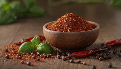 Spice bowl: red chili powder, fresh basil, peppers, peppercorns