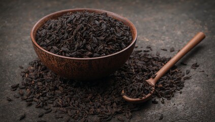 Premium dried loose leaf tea in a rustic bowl with wooden spoon