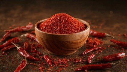 Heap of vibrant red chili flakes in a wooden bowl on rustic wood.