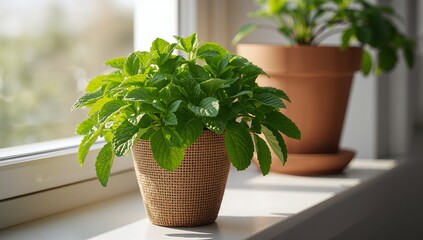 Fresh green potted mint herb plant on sunny windowsill at home