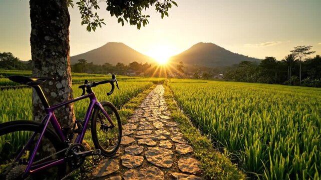 Bicycle Resting by Tree at Sunrise in Rice Field Landscape Video