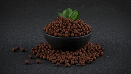 Small brown nuts in black bowl with green leaves on dark surface