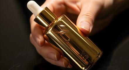 Luxury gold serum bottle held in hand beauty concept