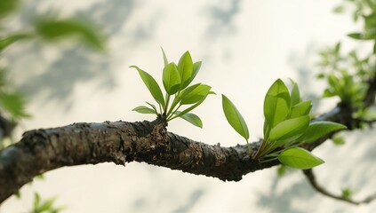 Fresh green leaves sprout from tree branch, symbolizing new life.