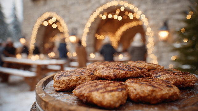 Grilled burgers on wooden platter at outdoor winter garden cookout with festive lights and snowy atmosphere
