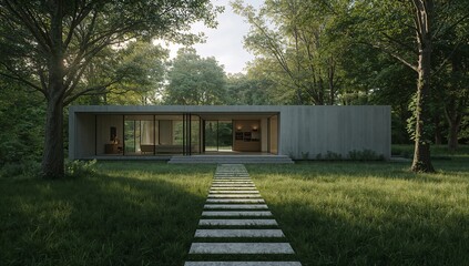 Modern minimalist house in lush green forest with stone path