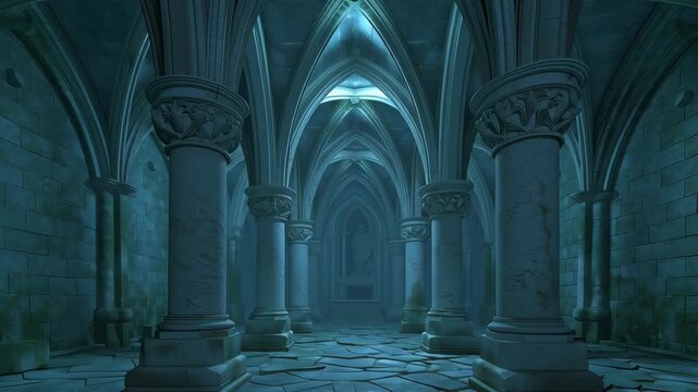 A quiet gothic corridor with tall stone pillars, pointed arches, and soft blue light creates a mysterious historic atmosphere with deep shadows and ancient charm.