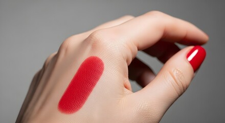 Red lipstick swatch on hand beauty