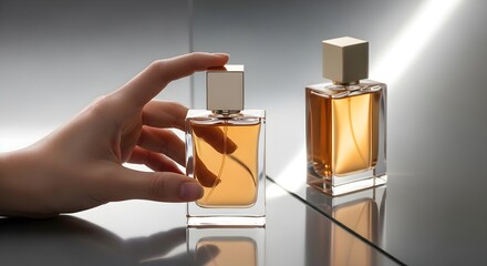Luxury Perfume Bottles on Reflective Surface with Hand
