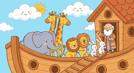 Cute Animals Boarding the Ark
Noah smiling as pairs of cute animals walk toward the ark—elephants, giraffes, lions, rabbits—rounded shapes,