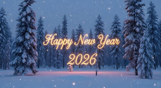 Happy new year 2026 glowing text in snowy winter forest scene