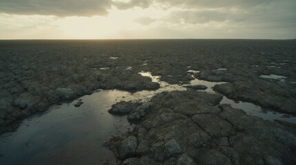 Fototapeta premium Vast melting permafrost tundra with cracked wet ground and scattered water pools stretching to the horizon under an overcast sky at dusk