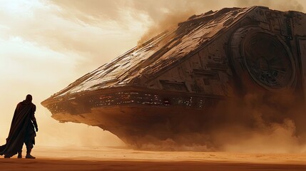 A solitary figure wearing a flowing cape stands in a vast, sandy desert, looking up at a colossal, damaged spaceship partially obscured by dust and smoke. The s