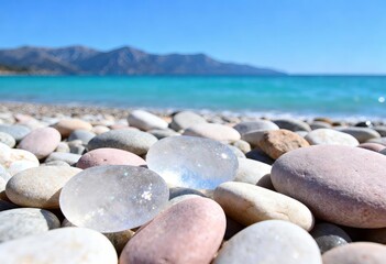 Colorful Beach Pebbles Washed by Clear Sea Water - Natural Shoreline Texture Background