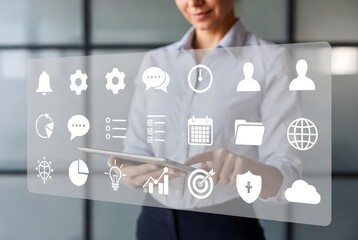 Woman Engaging with Virtual Business Dashboard and Productivity Icons