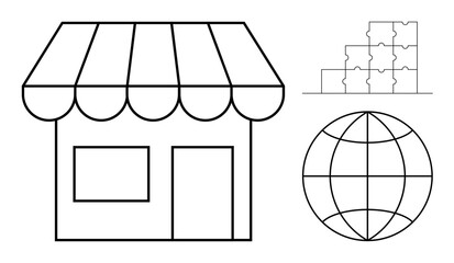 Small business concept. Small business by a storefront, a global network, and puzzle teamwork. Small business development and global opportunities. Ideal for retail, commerce, teamwork