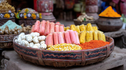Vibrant display of traditional Indian spices and ingredients at a bustling market in India, showcasing the richness of Indian culinary culture