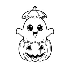 Adorable Ghost in Pumpkin Halloween Coloring Page.