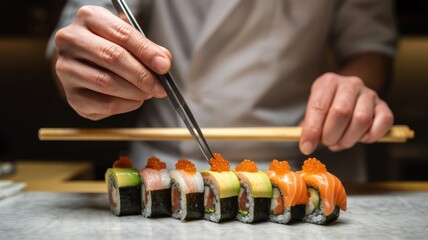 Sushi Chef Precisely Garnishing a Row of Rainbow Maki Rolls (Salmon and Tuna) with Bright Orange Ikura (Salmon Roe) using Tweezers, Highlighting Fine Dining Detail.