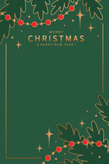 Blank greeting letter Merry Christmas and Happy New Year decorated with winter plants and stars. Decorative frame for Christmas cards and invitations. Vector illustration