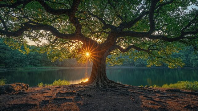 A beautiful mature tree at sunset with a lake in the background, golden light - Powered by Adobe
