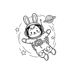 Astronaut Bunny Floating in Space with Planet and Stars.