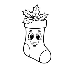 Cartoon Christmas Stocking with Holly and Smiling Face.