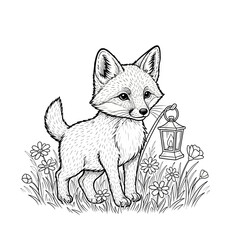 Adorable young fox kit holding a small lantern in its mouth. © Faiz