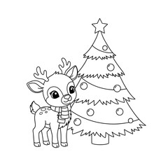Charming Reindeer and Christmas Tree Festive Holiday Illustration.