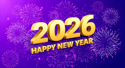 Golden 2026 New Year Celebration With Fireworks, Sparkling Text, And Purple Night Sky