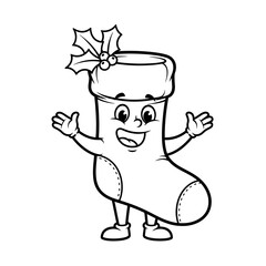 Cheerful Christmas stocking cartoon character with holly leaves.