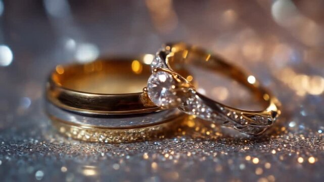 Two woven gold and diamond rings rest on a sparkling, bokeh-strewn surface with soft focus glow now