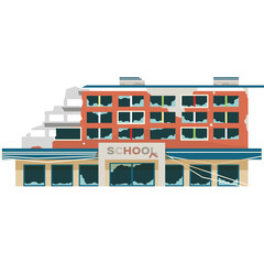 Pixel Art Abandoned School Building With Broken Windows And Damaged Facade Against White Background Detailed Illustration