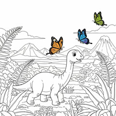 Cute Brontosaurus Dinosaur with Butterflies Coloring Page. © Faiz