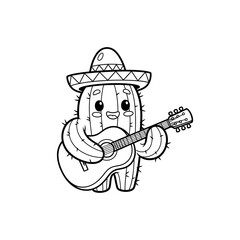 Cute cartoon cactus character playing guitar wearing a sombrero.