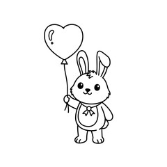 Cute cartoon bunny rabbit holding a heart shaped balloon line art.
