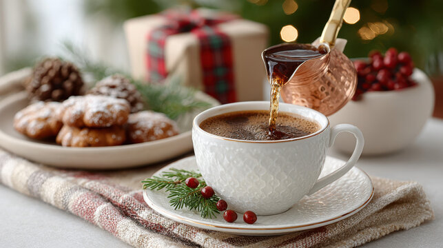 Christmas morning coffee being poured into a cup with festive decorations and gingerbread cookies on a living room table with a gift box - Powered by Adobe