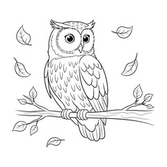 Cute cartoon owl sitting on a tree branch with falling leaves.