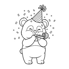 Cute cartoon panda bear celebrating with a party hat and horn.
