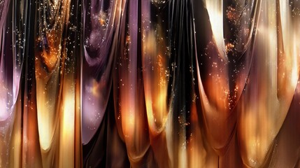 An abstract background featuring flowing, draped fabric with shimmering golden and purple hues, illuminated by warm, glowing light and speckled with tiny, brigh