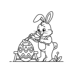 Cute Easter Bunny Painting a Decorated Egg on a Small Wooden Stand.