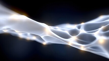 An abstract, flowing, translucent white wave-like structure with numerous small, glowing yellow nodes embedded within it. The background is dark and blurred, cr