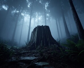 Misty forest scene with a large, gnarled tree stump