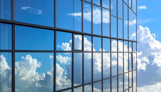 Modern high-rise glass building reflecting blue sky and clouds illustration