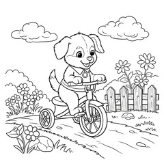 Cute puppy riding a tricycle on a sunny day.