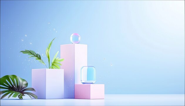 A minimalist scene featuring pastel geometric pedestals, a green plant, and abstract glass elements against a soft blue background with water droplets.