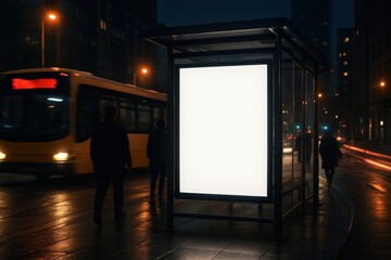 Wide-angle night photo of a modern city bus stop with an illuminated blank billboard, wet pavement reflecting neon city lights, and blurred motion of passing vehicles and pedestrians